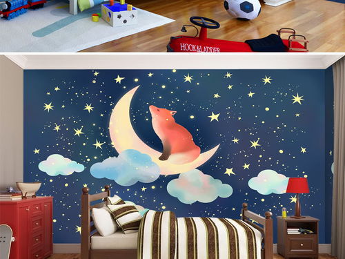 蓝色星空月亮小狐狸云朵卡通儿童房背景墙图片素材 效果图下载 