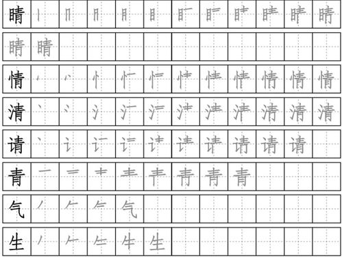 睛情清请青气生这几个字的笔划顺序 