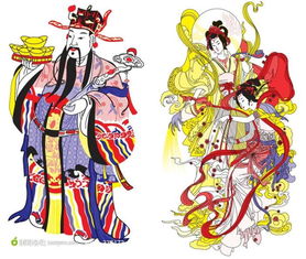 中国神话人物财神爷与仙女全手绘矢量图