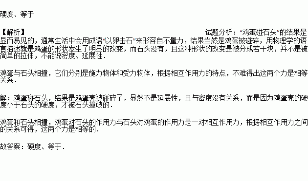 俗话说 鸡蛋碰石头 .鸡蛋碰石头的结局通常是鸡蛋被碰破.而石头却完好.从物理学的角度来看.鸡蛋壳的 不及石头.假如用鸡蛋和石头相碰撞.鸡蛋对石头的力 石头对鸡蛋的力 