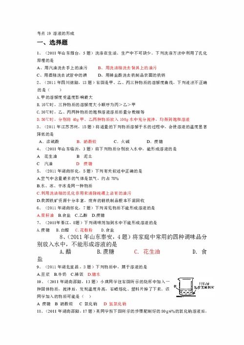 精华版2年中考按29个知识点 7大主题分类 2010 2011中考真题按知识点分类考点19溶液的形成下载 化学 