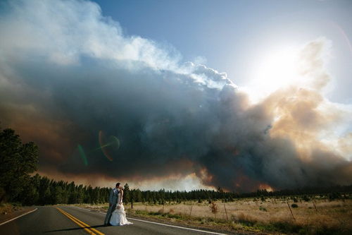 意想不到的婚照背景 森林大火