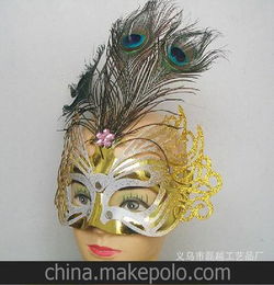 供应3根孔雀毛皇冠面具金粉彩绘孔雀毛面具舞会面具威尼斯面具