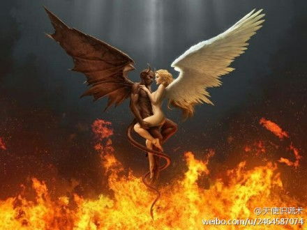 求这张图片的高清大图 天使和恶魔抱在一起 背景是火焰 