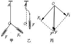 如图是 探究求合力的方法 实验示意图 将橡皮条的一端固定于A点,图甲表示在两个拉力F1 F2的共同作用下,将橡皮条的结点拉长到O点 图乙表示准备用一个拉力F拉橡皮条,图丙是在白纸上根据实验结果画出的力的合成 