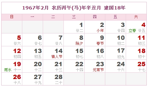 1967年日历表 1967年农历表 1967年是什么年 阴历阳历转换对照表 