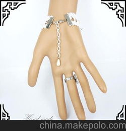 批发欧美流行热销白色蕾丝珍珠复古手链带介指套装女式腕链GS020 