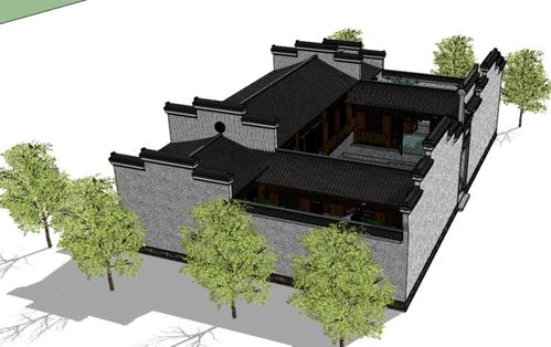 南方民居风格1层徽派小院建筑设计模型