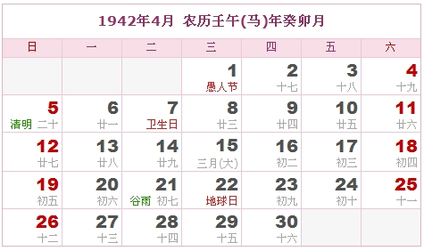 1942年日历表,1942年农历表