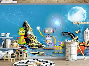 卡通科幻星球机器人外星人儿童房背景墙壁纸图片素材 psd效果图下载 儿童房背景墙图大全 电视背景墙编号 17362205 