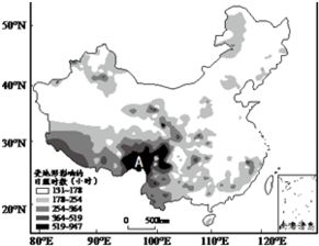 如图为我国受地形影响的日照时数 即地形对太阳照射光线的遮挡导致减少的日照时数 图.读图,回答1 2题 