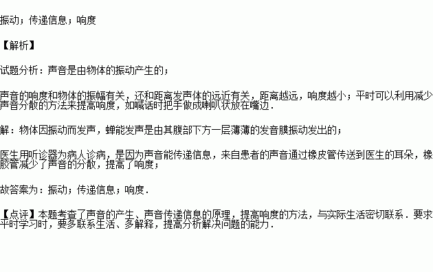 蝉的腹部有发音器官.当蝉的发音膜 时才发声.如图.医生正在用听诊器为病人诊病.听诊器运用了声音 填 具有能量 或 传递信息 的道理,来自患者的声音通过橡皮管传送到医生的耳朵 