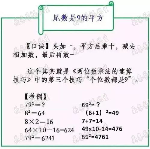 平方计算技巧口诀 100内数平方秒出答案 快巧准 助力数学加分 