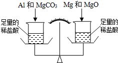 在托盘天平的两盘上各放一只烧杯.分别盛有等质量.等质量分数的足量的稀硫酸.向左边烧杯中加入56g铁.向右边烧杯中加入58g镁和氧化镁的混合物.充分反应后天平保持平衡 