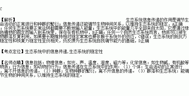 下列有关生态系统的说法错误的是A.生命活动的正常进行离不开信息的作用.生物种群的繁衍也离不开信息的传递B.任何生态系统都需要不断得到系统外的能量补充,以便维持生态系统的正常功能 