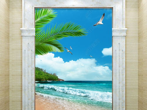 清爽海滩椰树海浪挂画玄关背景墙装饰画图片素材 效果图下载 