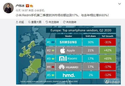 卢伟冰晒 成绩 小米 Redmi欧洲市场占比17