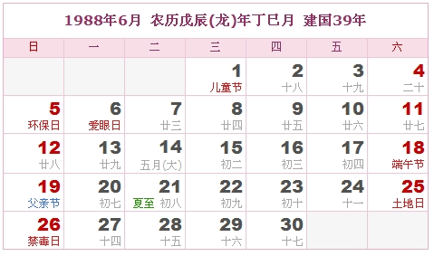 1988年日历表 1988年农历表 1988年是什么年 阴历阳历转换对照表 