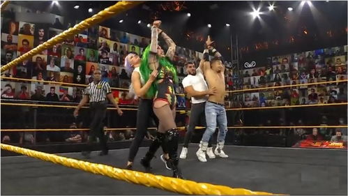 WWE 绿毛女 默契配合与队友同时压制对手,暴揍对手 