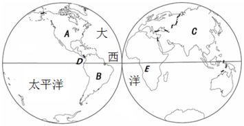 读东西半球图.完成下列各题 1 在图中适当位置填出太平洋和大西洋的名称. 2 写出图中字母所表示的大洲名称.A北美洲.B南美洲.C亚洲. 3 图中D处所示的是巴拿马运河 