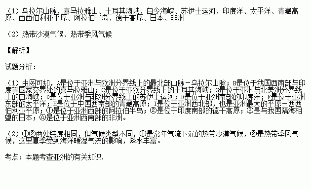 读图.完成下列各题. 1 字母代表的地理事物名称 山脉A B 海峡C G 运河D 大洋E F 高原H 平原I 半岛① 高原② 国家③ 大洲④ 2 ①②两处纬度相同.但气候类型不同 