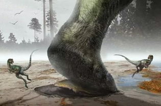 当图上巨大的恐龙从小恐龙身边走过时, 猜猜小恐龙会有什么想法 