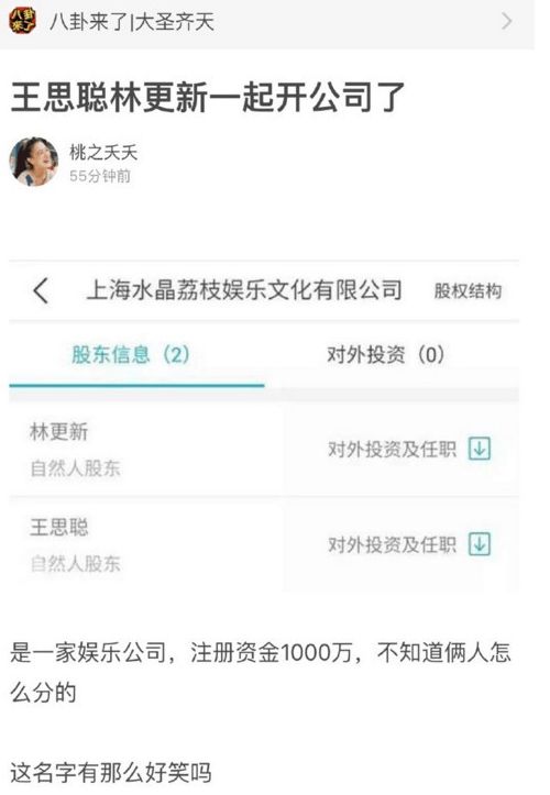 真逗 曝王思聪林更新合伙开公司 取名 水晶荔枝 