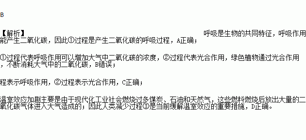 根据下图所示碳循环的部分过程进行的有关分析.不正确的是 A. ①过程表示呼吸作用B. 增强②过程不能减少大气中的CO2C. ②过程表示光合作用D. 减少过程③是当前缓解温室效应的主要措施 