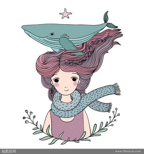 戴围巾的小女孩头上的鲸鱼卡通手绘矢量素材