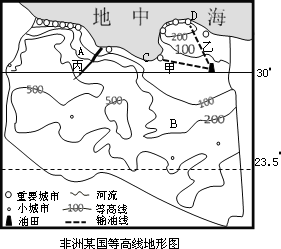 读北非某国等高线地形图及相关资料.回答问题. 1.该国地势总体特征是 .A.B两地相比.地势变化较大的是 地.判断依据是 . 2.该国油田主要分布在东部.若C.D两城市都具有停靠巨型油轮的港口条件 