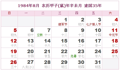 1984年日历表 1984年农历表 1984年是什么年 阴历阳历转换对照表 