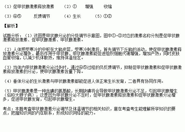 下图示哺乳动物激素分泌的调节过程.图中腺体代表甲状腺.①至⑤表示五个过程.据图回答 1 图中过程①分泌的激素名称是 . 2 人突然进入寒冷环境后.首先加强的是过程 