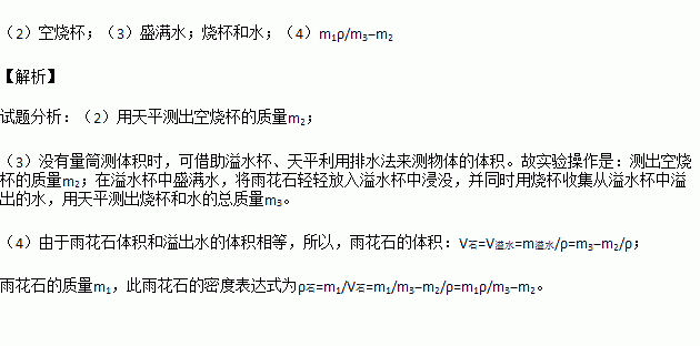 小王想利用一架已调好的天平.烧杯.溢水杯和水测出一块雨花石的密度.请把小王的实验步骤补充完整. 1 用天平测出雨花石的质量m1, 2 用天平测出 的质量m2, 