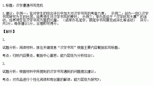 综合性学习随着电脑和手机的普及.汉字遭遇书写危机不再是危言耸听.键盘录入.网络语言流行等使写字的机会越来越少.提笔忘字的现象开始发生在各个年龄段的人身上. 1.请给以上这则新闻拟一个恰当的标题 