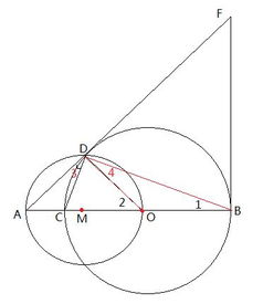 如图所示,C为线段AB上一点,以BC为直径作圆O,再以AO为直径作圆M交圆O于D,E,过点B作AB 