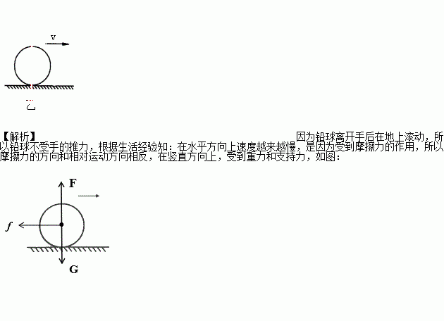 一个重为40N的铅球在地面上向右滚动.请在图乙中画出铅球所受力的示意图. 题目和参考答案 青夏教育精英家教网 