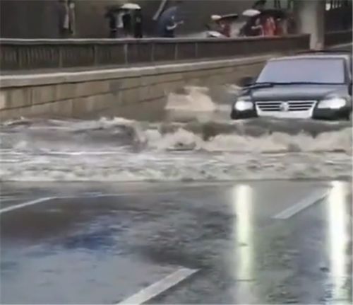 一批车停在路边,唯独77万途锐通过水域,水漫过引擎盖还不熄火