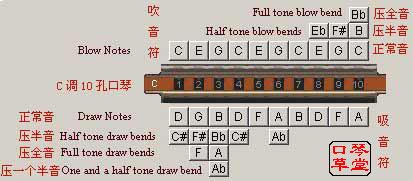 求C调十孔口琴各孔吹吸的音阶