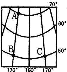 根据如图回答 1 填出A.B.C三点的经纬度A170 E.70 NB170 E.50 NC170 W.50 N 2 说出A在B的什么方向正北.B在C的什么方向正西. 3 说出B点所在的半球西半球 