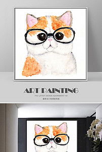 戴眼镜的可爱胖猫欧式手绘时尚现代装饰画图片设计素材 高清模板下载 12.09MB 动物装饰画大全 