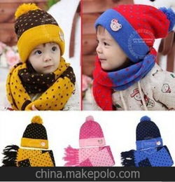 2014贴小熊卡通套帽儿童加厚保暖帽韩版时尚套帽帽子围巾两件套