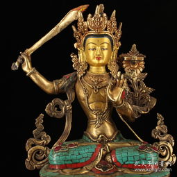西藏寺院收老纯铜纯手工打造镶嵌宝石彩绘文书菩萨一尊 高32厘米 