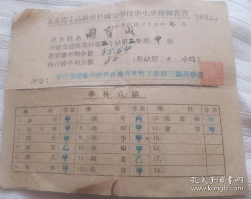 成绩单,天津私立育才高级商科职业学校学生成绩报告书 