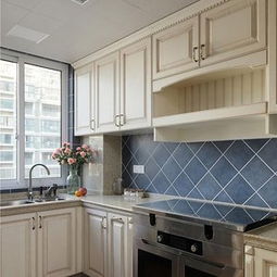 整体橱柜台面门三居橱柜现代简约时尚大气的厨房蓝色瓷砖背景墙效果图 