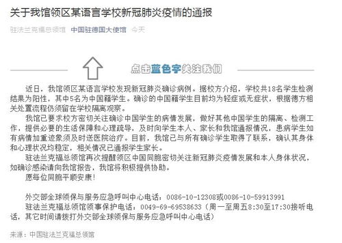 中国驻法兰克福总领馆 某语言学校18名学生检测结果为阳性,其中5名为中国籍学生