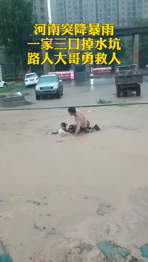 河南突降暴雨,一家三口掉水坑,路人大哥勇救人 