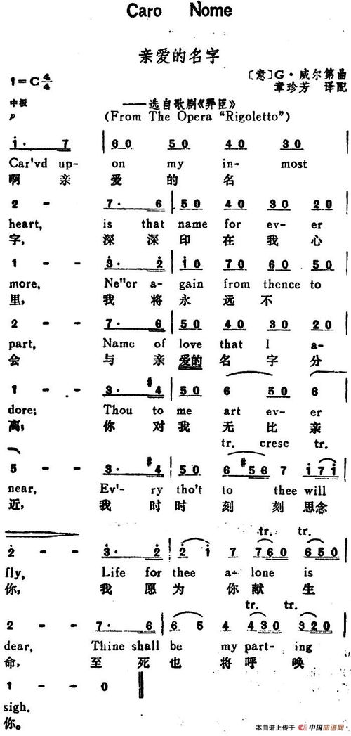 意 亲爱的名字 Caro Name 汉英文对照 选自歌剧 弄臣