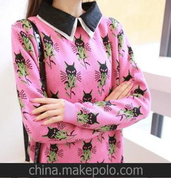 2014春季韩版新款双层衬衣领子娃娃领狐狸花朵毛衣针织打底衫