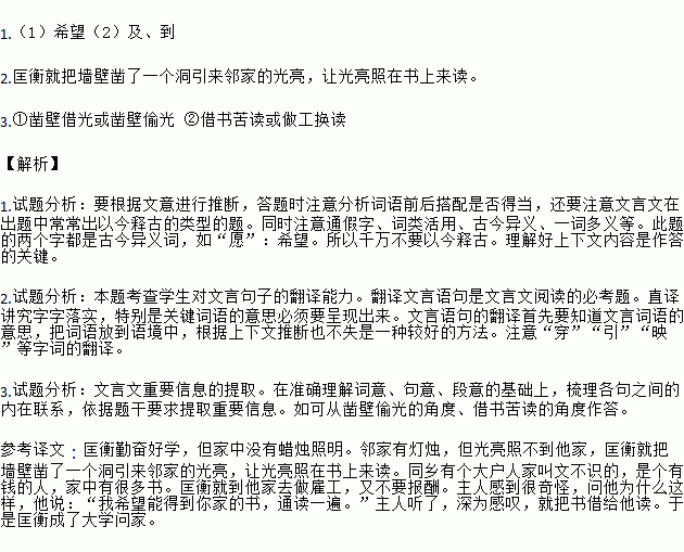 阅读下文.回答问题.凿壁借光匡衡勤学而无烛.邻居有烛而不逮.衡乃穿壁引其光.发书映光而读之.邑人大姓文不识.家富多书.衡乃与其佣作而不求偿.主人怪问衡.衡曰 