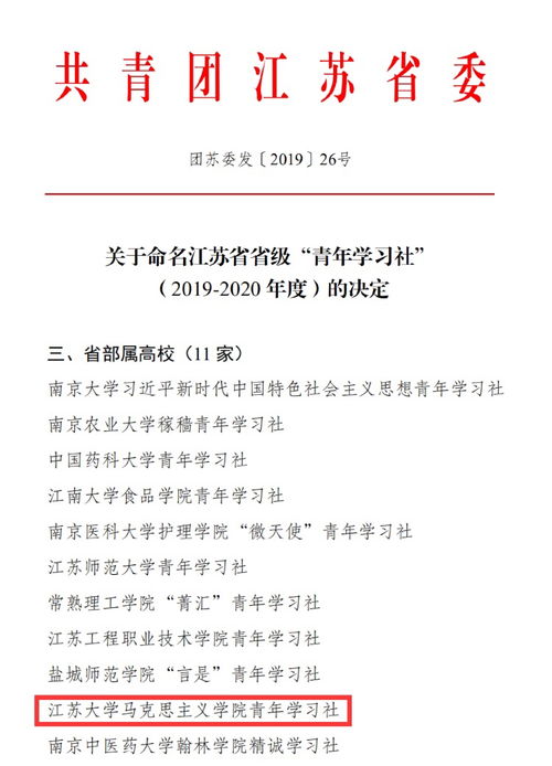 马克思主义学院青年学习社被命名为江苏省省级 青年学习社